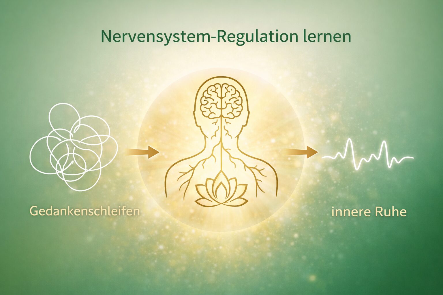 Diagramm, das links verwickelte Linien mit der Beschriftung „Gedankenschleifen“, in der Mitte das menschliche Nervensystem und rechts ruhige Wellen mit der Beschriftung „innere Ruhe“ zeigt, unter dem Titel „Nervensystem-Regulation lernen“. Ideal für die Coaching-Ausbildung oder Yogalehrer-Ausbildung im Yogacenter – diese Grafik veranschaulicht, wie Achtsamkeitsübungen das innere Gleichgewicht und die Regulierung des Nervensystems unterstützen.