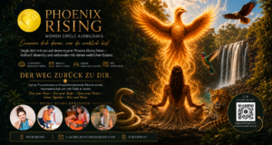 Ein goldener Phönix erhebt sich mit weit ausgebreiteten Flügeln vor einem Wasserfall und einem üppigen Wald, umgeben von Frauen mit Tieren und mystischen Symbolen. Der Text wirbt für ein Frauenkreis-Training namens „Phoenix Rising“, das von der Weisheit Würzburgs inspiriert und durch eine Coaching-Ausbildung zur persönlichen Transformation bereichert wurde.